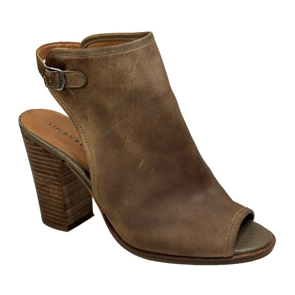 Lucky Brand Choco Brown Open Toe Ankle Strap Sandal Bootie Size 8 Block 4” Heels - Picture 3 of 13